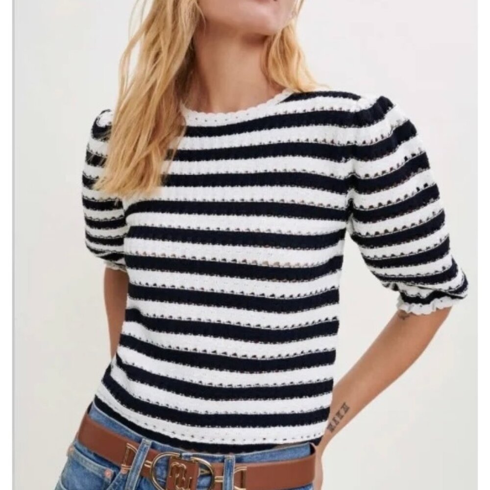 NWOT MAJE Black & White Crochet Stripe Puff-Sleeve Knit Top Jumper